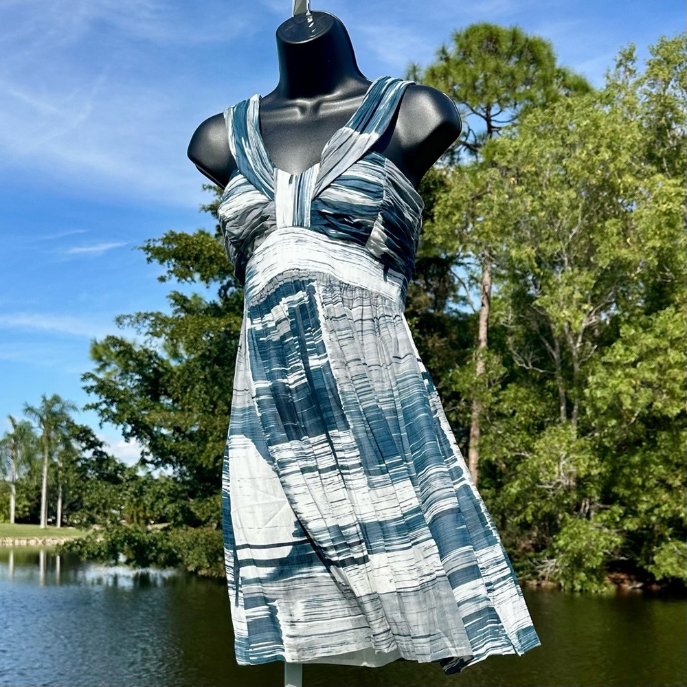 ANTHROPOLOGIE SINE Stormy Seascape Silk Dress Blue / White Empire Knee Length 6